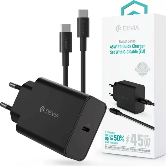 Devia Rocket Series USB-C / USB-C PD+QC Hálózati Gyorstöltő Adapter 45W - Fekete