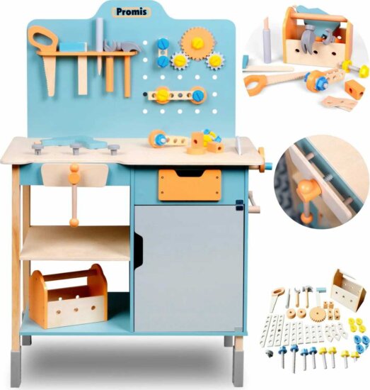 Promis: Fa játék szerelőasztal szerszámokkal 65 darabos készlet