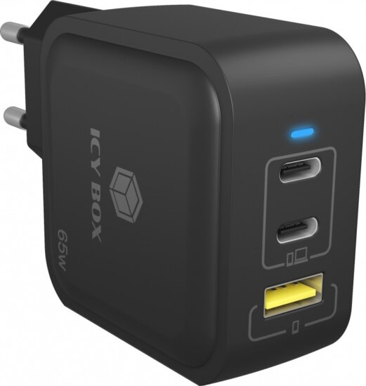 Icy Box IB-PS1030-PD USB-A / 2x USB-C Hálózati Gyorstöltő Adapter 65W - Fekete
