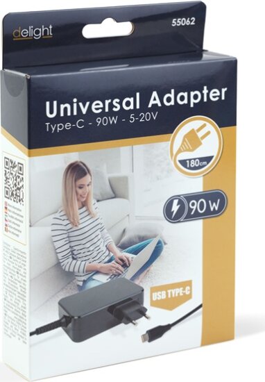 Delight 55062 Univerzális Laptop Töltő Adapter 1,8m (90W / USB-C) - Fekete
