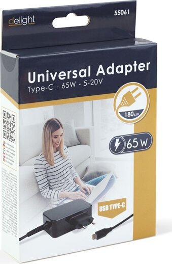 Delight 55061 Univerzális Laptop Töltő Adapter 1,8m (65W / USB-C) - Fekete