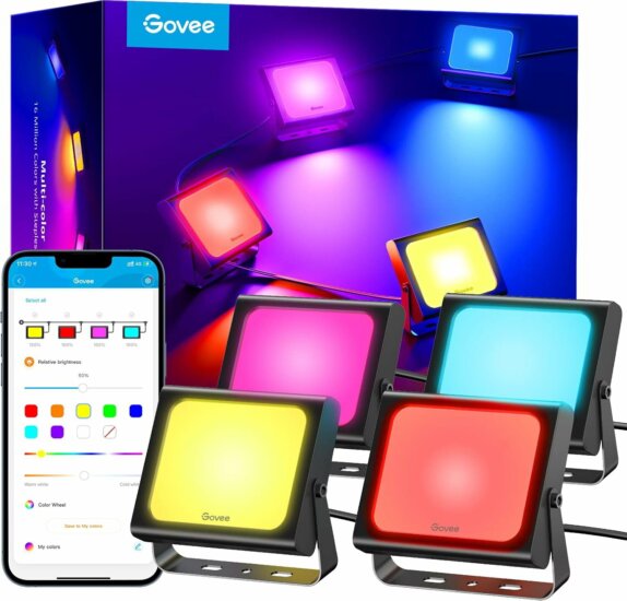 Govee H8057C11 Okos LED Kültéri Reflektor Szett távirányítóval 4 darabos 24W / darab - Állítható színek Govee H8057C11 Okos LED Kültéri Reflektor Szett távirányítóval 4 darabos 24W / darab - Állítható színek
