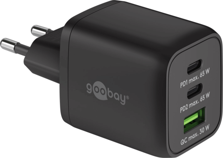 goobay 70180 2x USB-C/USB-A Hálózati gyorstöltő textilkábellel 15-65W - Fekete
