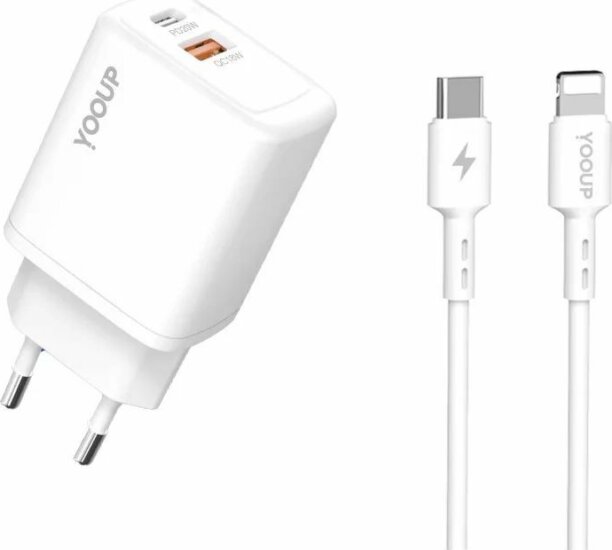 Yooup NC56-D USB-A / USB-C Hálózati Töltő Adapter 20W + USB-C/Lightning kábel - Fehér
