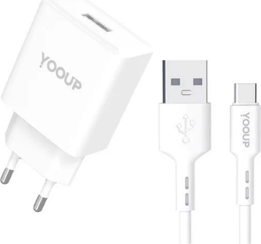 Yooup NC76-A USB-A Hálózati Töltő Adapter 12W + USB-C kábel - Fehér