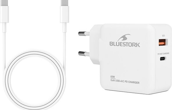 Bluestork PW-BS-65-GAN-C-A-W USB-A / USB-C Hálózati Gyorstöltő Adapter 65W + USB-C kábel - Fehér
