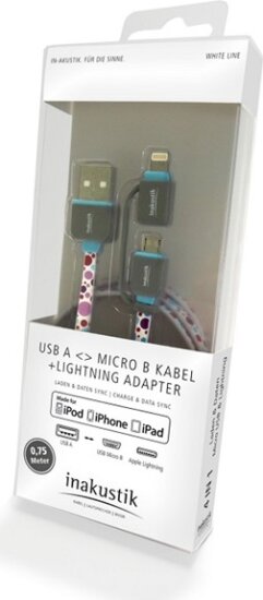 Inakustik White Line USB-A - Micro USB Type-B/Lightning apa