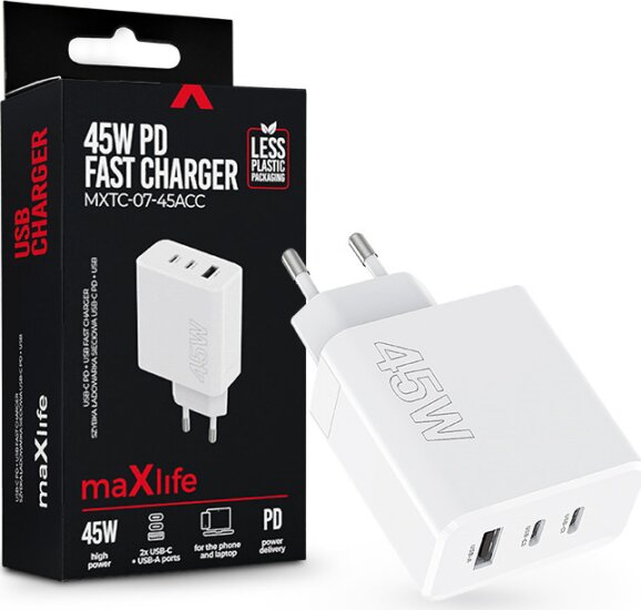 Maxlife MXTC-07-45ACC 2xUSB-C / USB-A Hálózati Gyorstöltő Adapter 45W - Fehér Maxlife MXTC-07-45ACC 2xUSB-C / USB-A Hálózati Gyorstöltő Adapter 45W - Fehér