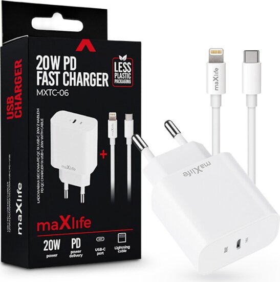 Maxlife MXTC-06 USB-C Hálózati Töltő adapter 20W + 1m Lightning Kábel - Fehér