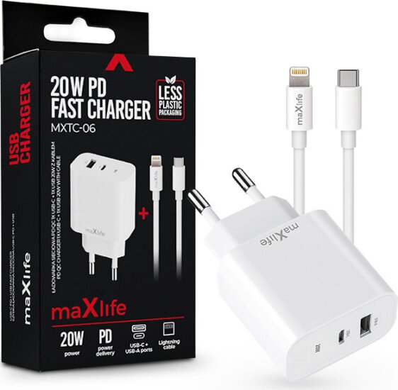 Maxlife MXTC-06 USB-C / USB-A Hálózati Töltő adapter 20W + 1m Lightning Kábel - Fehér Maxlife MXTC-06 USB-C / USB-A Hálózati Töltő adapter 20W + 1m Lightning Kábel - Fehér