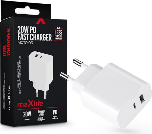 Maxlife MXTC-06 USB-C / USB-A Hálózati Töltő adapter 20W - Fehér