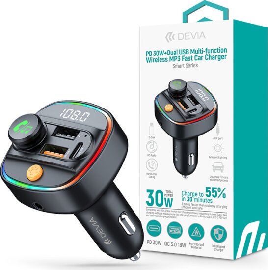 Devia ST112513 Smart Bluetooth PD+QC 2xUSB Autós gyorstöltő 30W - Fekete