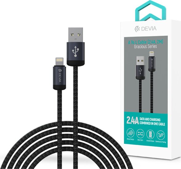 Devia Gracious Seriies v2 USB-A apa - Lightning anya Adat-és töltőkábel 2m - Fekete