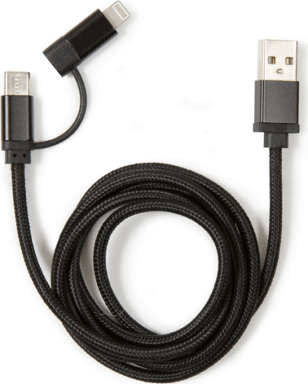 Kikkerland US237-SI fonott USB-A apa - USB-C/Lightning apa 2.0 Adat és töltő kábel 1m - Fekete
