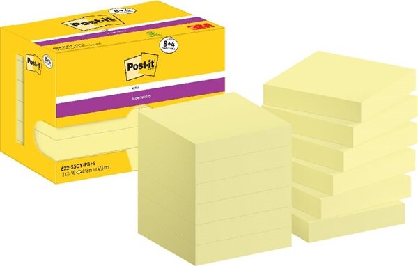 3M Post-it Super Sticky 47,6x47,6mm Öntapadó jegyzettömb - Kanári sárga (12x 90 lap/tömb)