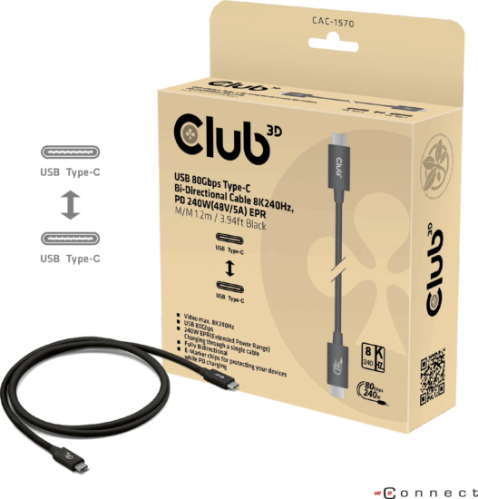 Club3D CAC-1570 USB-C apa - USB-C apa Adat és töltő kábel 1.2m - Fekete