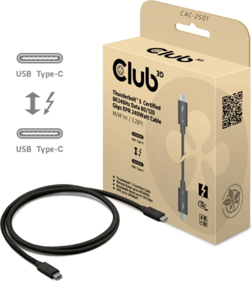 Club3D CAC-2501 USB-C apa - USB-C apa Adat és töltő kábel 1m - Fekete