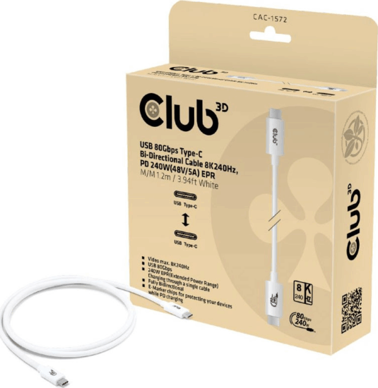 Club3D CAC-1572 USB-C apa - USB-C apa Adat és töltő kábel 1.2m - Fehér