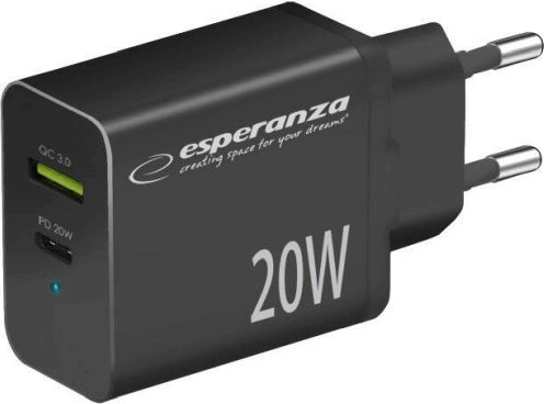 Esperanza Quick Power Charger USB-A / USB-C Hálózati töltő Adapter 20W - Fekete