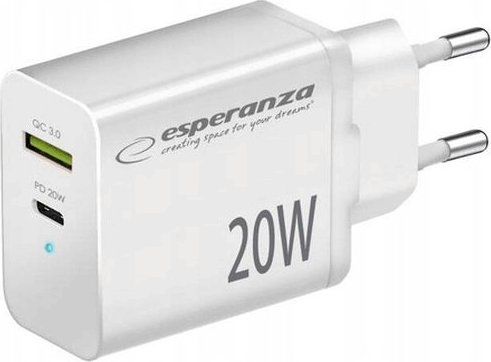 Esperanza Quick Power Charger USB-A / USB-C Hálózati töltő Adapter 20W - Fehér