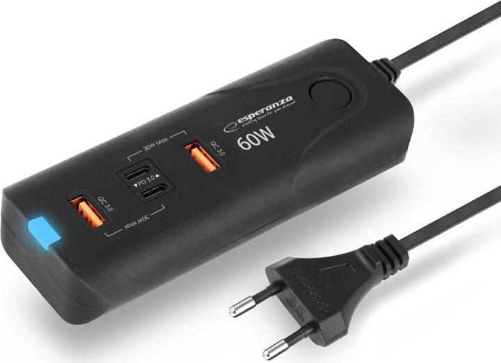 Esperanza Quick Power Charger 2xUSB-A / 2xUSB-C Hálózati Gyorstöltő Adapter 60W - Fekete