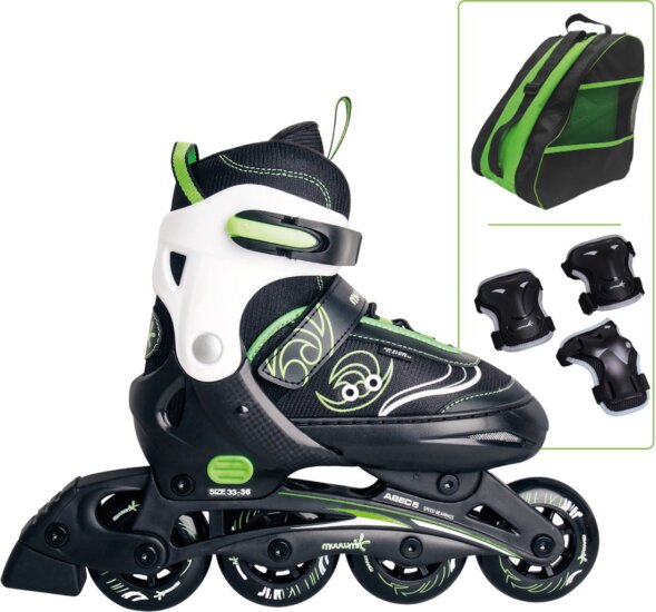Muuwmi 682 Állítható Egysoros görkorcsolya szett 33-36 méret - Fekete / Zöld
