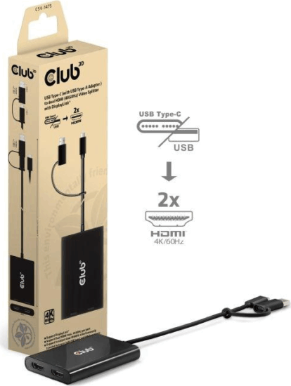 Club3D CSV-1475 USB-C / USB-A - 2x HDMI Splitter (1 PC - 2 Kijelző)