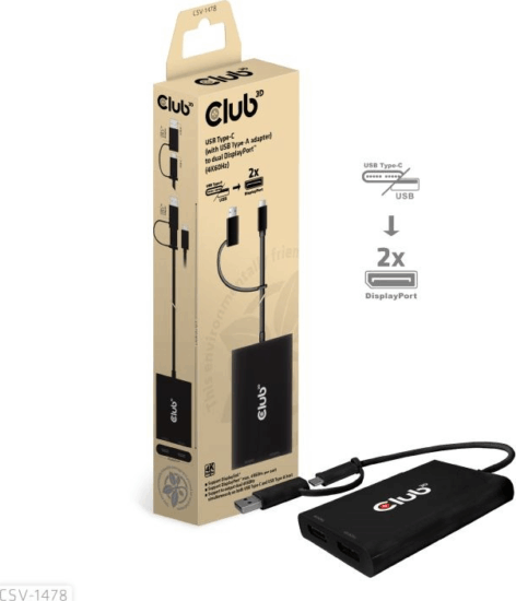 Club3D CSV-1478 USB-C / USB-A - 2x DisplayPort Splitter (1 PC - 2 Kijeltő)