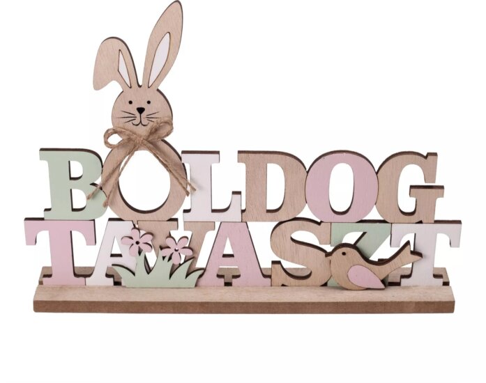 Fa dekoráció „Boldog tavaszt" felirattal és nyuszi formával - 28 x 18 cm