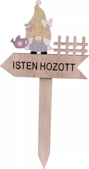 Földbe szúrható fa dekoráció „Isten hozott" felirattal és manó figurával 14x31cm Földbe szúrható fa dekoráció „Isten hozott" felirattal és manó figurával 14x31cm