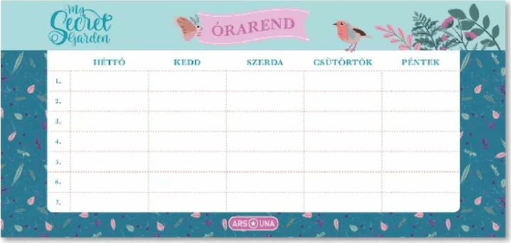 Ars Una My Secret Garden Egylapos kétoldalas órarend - Kék/Mintás