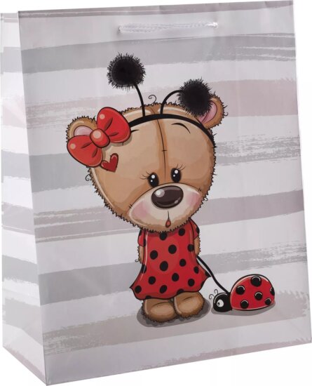 Katicás maci mintás Szalagfüles papír Ajándéktasak (18 x 23 cm) - Mintás