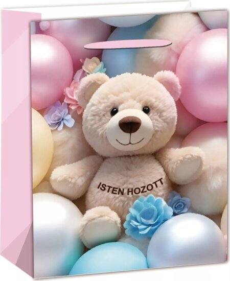 Szalagfüles papír Ajándéktasak Maci lufikkal mintával (31 x 42 cm) - Mintás