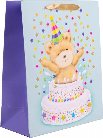 Szalagfüles papír Ajándéktasak Maci tortában mintával (18 x 23 cm) - Kék/Mintás