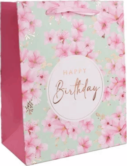 Szalagfüles papír Ajándéktasak Virág mintával (18 x 23 cm) - Rózsaszín/Mintás