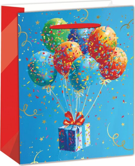 Szalagfüles papír Ajándéktasak Lufi mintával (18 x 23 cm) - Piros/Kék