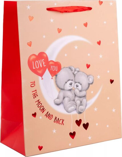 Szalagfüles papír Ajándéktasak Macik a Holdon mintával (11 x 14 cm) - Piros/Mintás