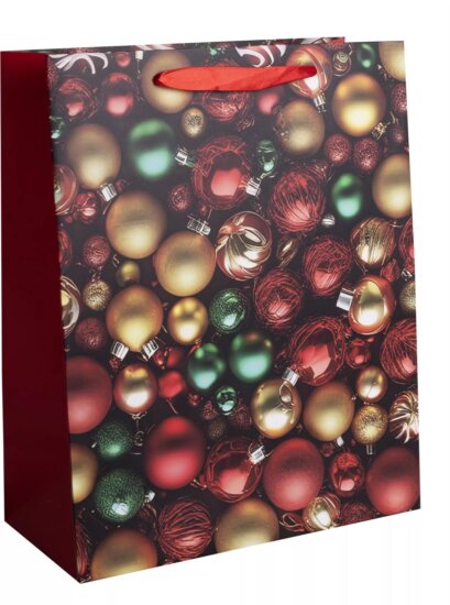 Karácsonyfa díszek mintás Szalagfüles Papír ajándéktasak (18 x 23 cm) - Bordó/Mintás