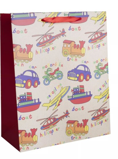 Vidám járművek mintás Szalagfüles papír Ajándéktasak (18 x 23 cm) - Mintás