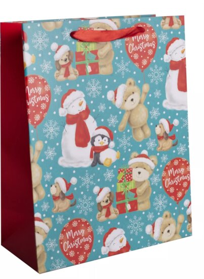 Karácsonyi állatos mintás szalagfüles papír Ajándéktasak (26 x 32 cm)