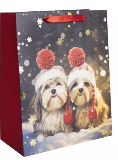 Karácsonyi kutya mintás szalagfüles papír Ajándéktasak (26 x 32 cm)