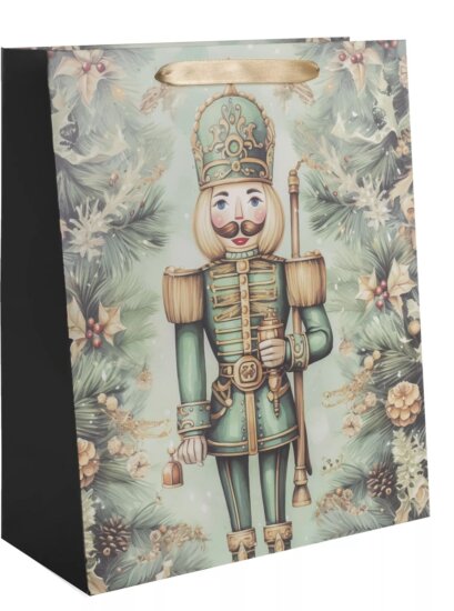 Diótörő mintás karácsonyi szalagfüles papír Ajándéktasak (18 x 23 cm) - Zöld/Arany