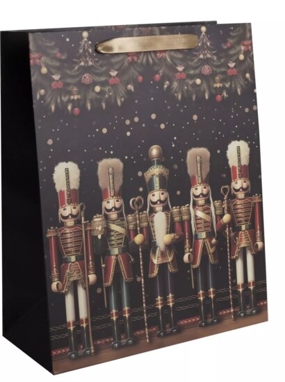 Diótörő mintás karácsonyi szalagfüles papír Ajándéktasak (18 x 23 cm) - Fekete