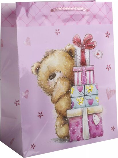 Maci ajándékokkal mintás szalagfüles papír ajándéktasak (18 x 23 cm) - Rózsaszín/Mintás