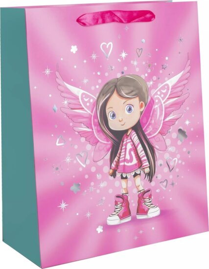 Angyali lány mintás szalagfüles papír Ajándéktasak (18 x 23) - Rózsaszín/Mintás