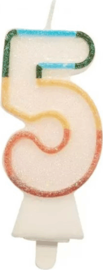 Színes 5-ös számgyertya csillámmal 8,5 cm