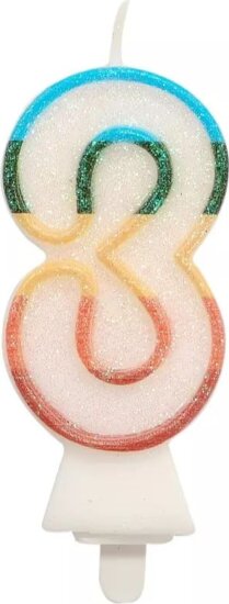 Színes 3-as számgyertya csillámmal 8,5 cm