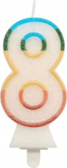 Színes 8-as számgyertya csillámmal 8,5 cm