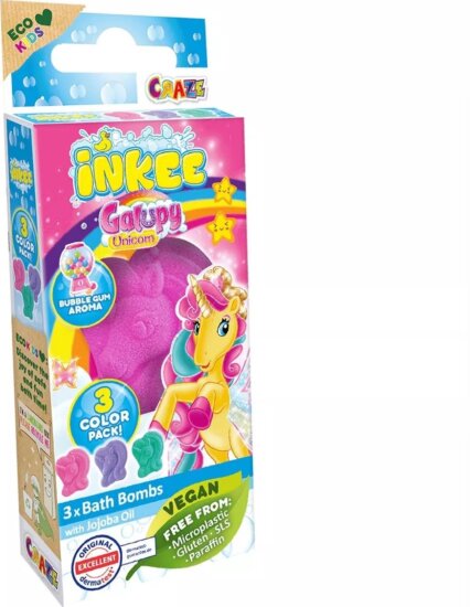 Craze Inkee Galupy unikornis vegán fürdőgolyó (3db/csomag) - Rágógumi illat Craze Inkee Galupy unikornis vegán fürdőgolyó (3db/csomag) - Rágógumi illat