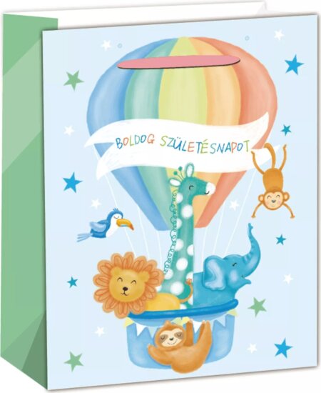 Állatok Boldog szülinapot feliratos hőlégballonban mintás szalagfüles papír ajándéktasak (18 x 23 cm) - Kék/Mintás